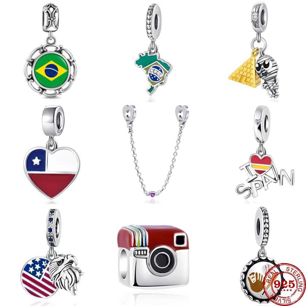 925 Sterling Silver Flag Brazil Chile American camera Pendant Beads Fit Original Pendant Charm Bracelet Women Jewelry DIY GiftXJ250517