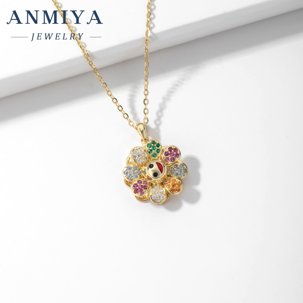 Takashi Murakami Diamond-encrusted Sun flower Pendant 925 Silver necklace Trendy hip hop glitter pink rotatable collars