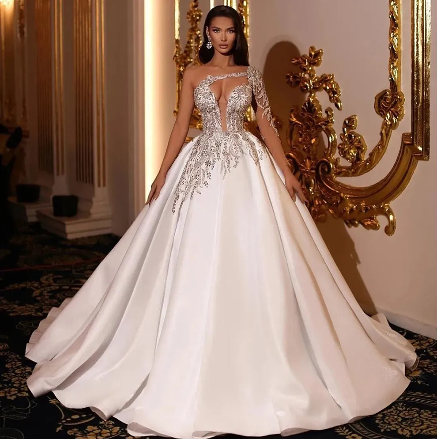 2025 Arabic Aso Ebi Plus Size Ivory Ball Gown Wedding Dresses Lace Beaded Crystals One Shoulder Bridal Gowns Dress For Mariage