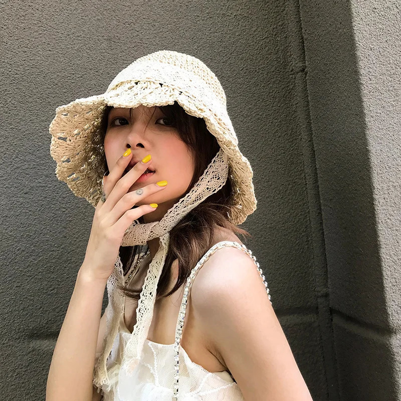 Womens Summer Crochet Straw Bucket Hat - Hollow Out Lace-Up n UV Protection Foldable Sun Cap for Beach Outdoor Fashion 250516
