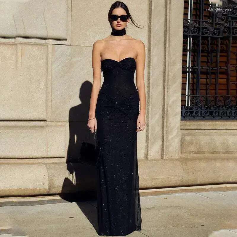 Casual Dresses Sexy Strapless Sequins Maxi Dress Gown Elegant Party Club Wrap Ruched Backless See Through Prom designer bag