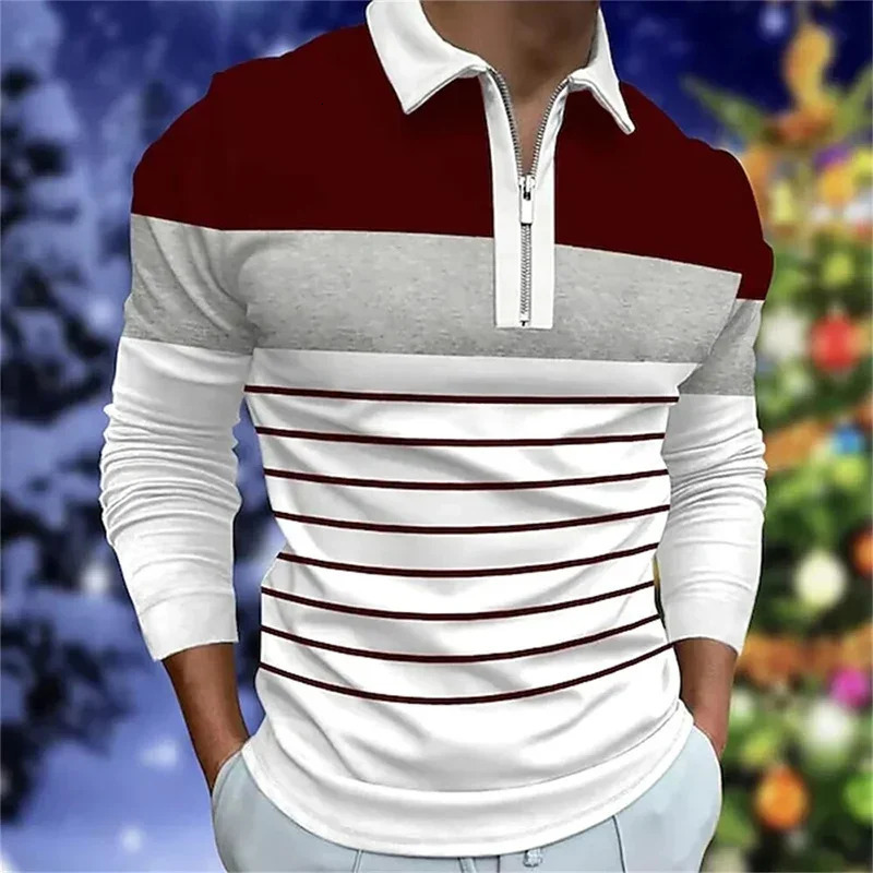Spring Autumn Mens Long Sleeve Tops Polo Shirt Zipper Casual Fashion Stripe Golf 250506Z