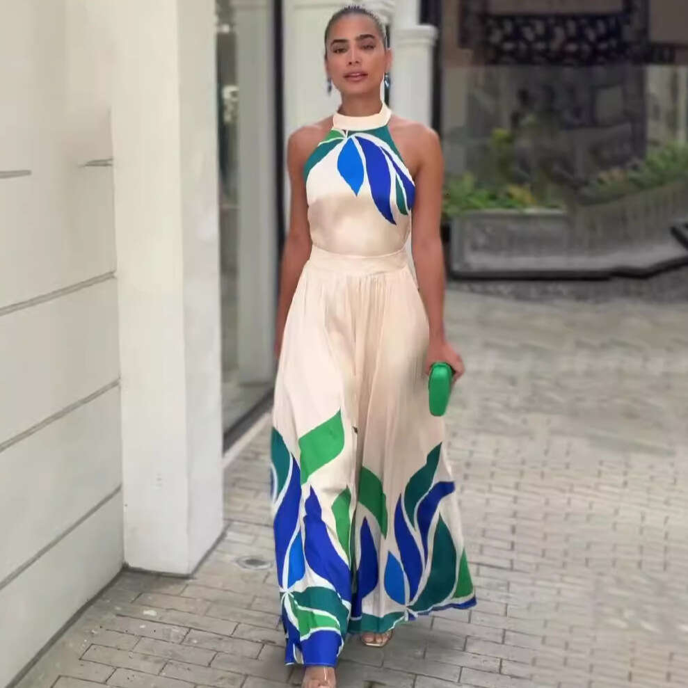 Wide Leg Jumpsuit Summer New Printed Sexy Exposed Sleeveless Flared Shorts Jumpsuit Fashionable Women S Clothing