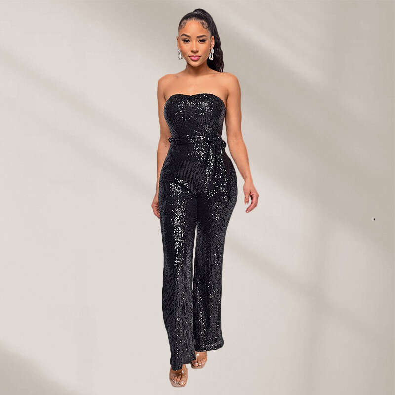 Wide Leg Jumpsuit INS Style Sleeveless Sequined Waistband Solid Color Women S Strapless And Backless Jumpsuit