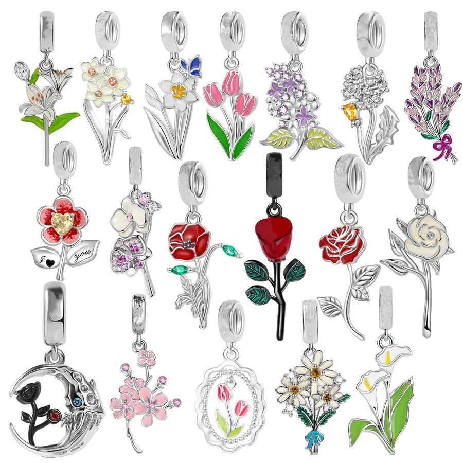 New DIY Charm Beads Jewelry Gift Black Red Roses Daisy Lily Plum blossom Tulip Fit Original 925 Sterling Silver BraceletXJ250517