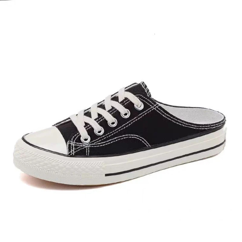 Women Canvas Flat Shoes Half slipper Autumn Fashionable Lace Up Low Cut Women Round Toe Black White Canvas Casual Shoes 250515