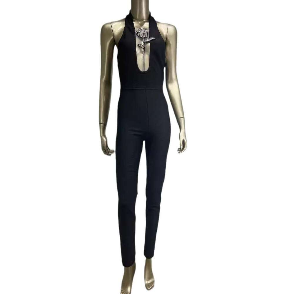 Wide Leg Jumpsuit New Bandage Fashionable Neck Hanging Deep V Dia Rose Tight Jumpsuit Party Dress