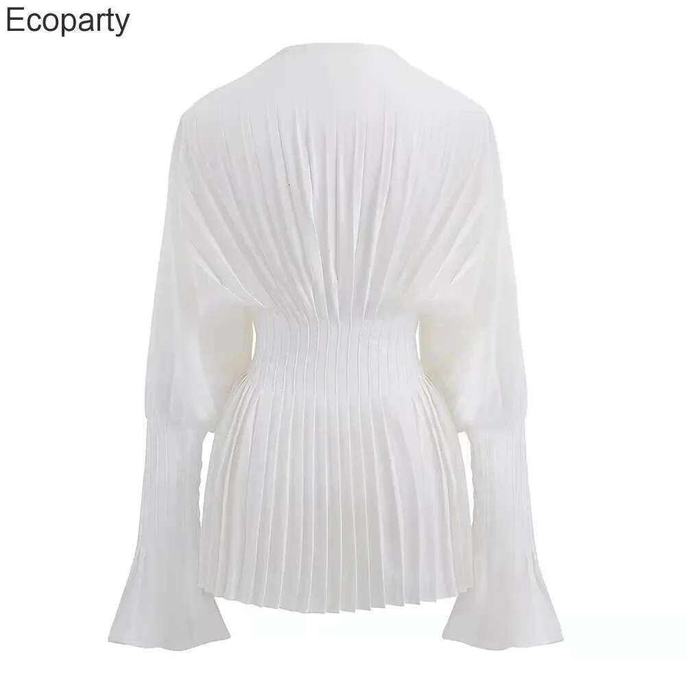 Women Loose White V-Neck Pleated Shirts Elegant Casual Chiffon Shirt Ladies Lantern Full Sleeve Tops Blouses 2024