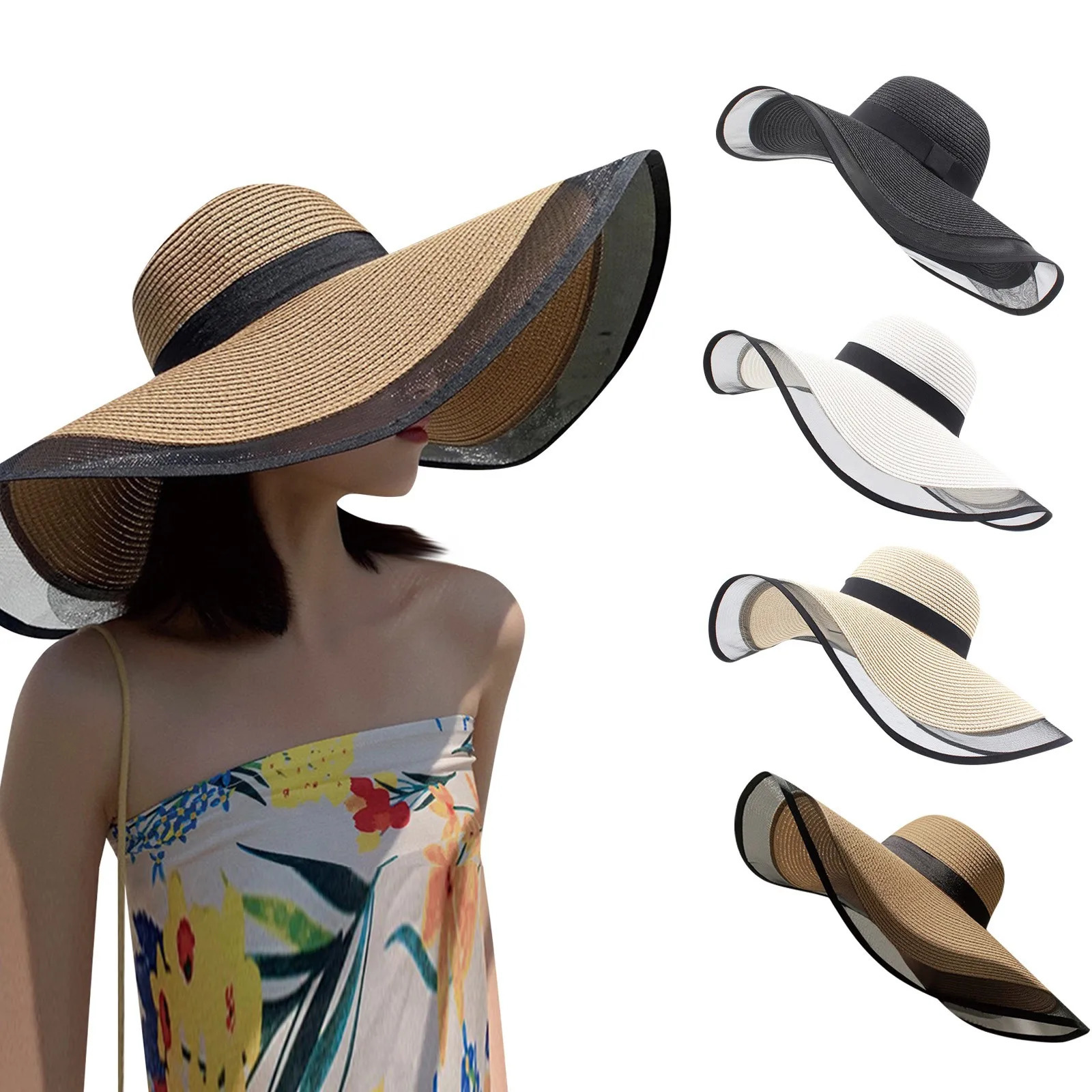 WomenS Vintage Straw Sun Hat Big Eaves Waves Beach Hawaiian Cap Ladies Light Gauze Brim Elegant Protection Holiday 250517