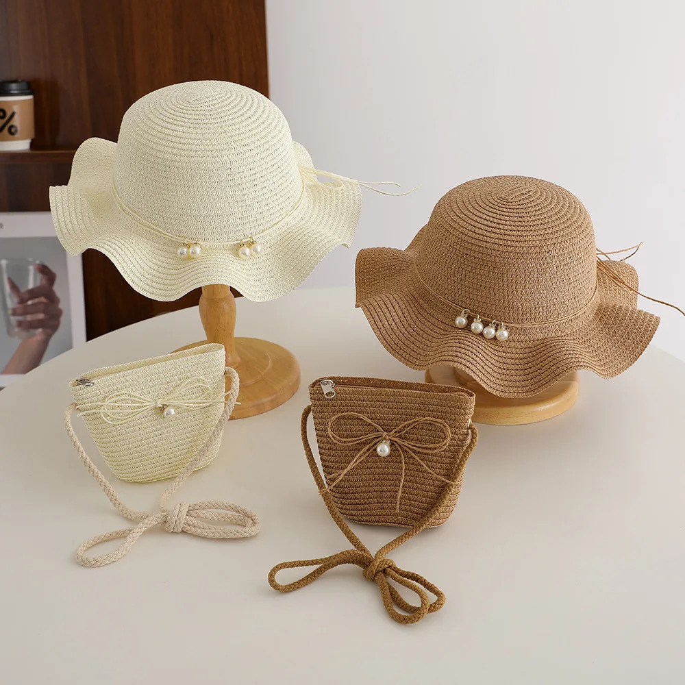 Summer Freshness Pearl Straw Hat Set For Princess Girls Outdoor Traval Holiday Beach Sunscreen Sun Hats And Bag Panama 250517