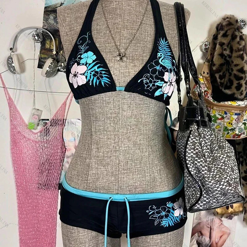 Y2k Vintage Flower Pattern Bikini Set Swimsuit Women Halter Triangle Lace Up Shorts Sexy Chic Split Bathing Suit 250516