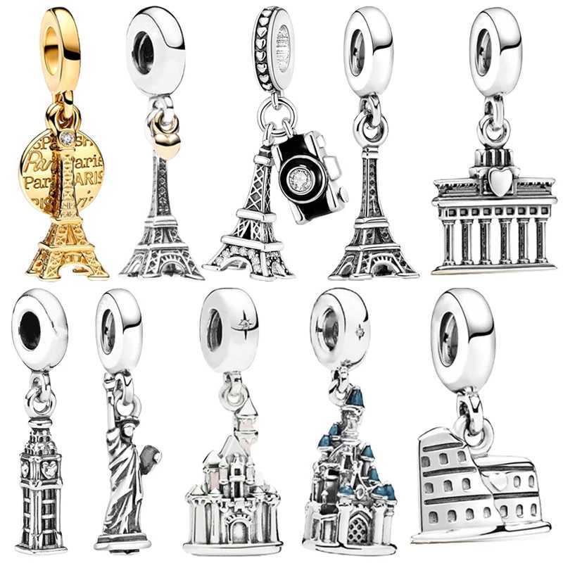 New Fine Gold Eiffel Tower Statue of Liberty Castle Charm Beads Fit Original European 925 Silver Bracelet DIY Women Jewelry GiftXJ250517