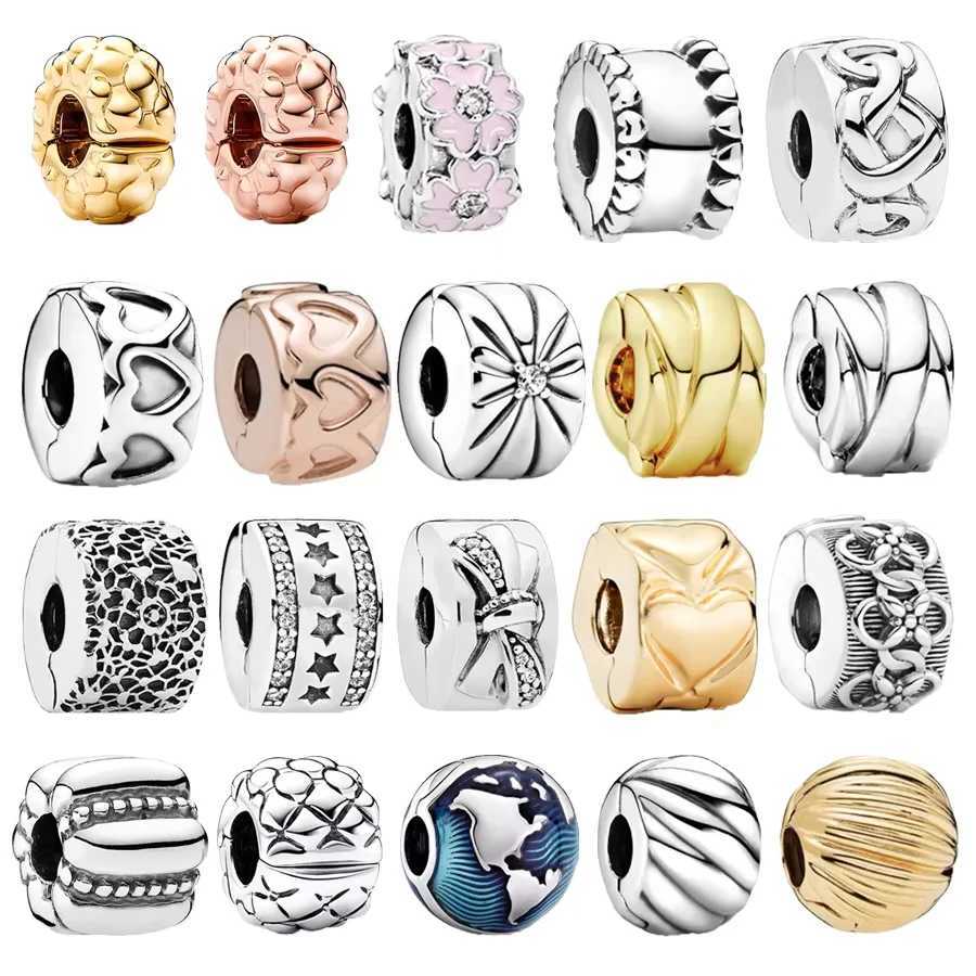 DIY Jewelry Gift Golden Band of Hearts Polished Feathered Studded Clip Charm Beads Fit Original 925 Sterling Silver Pan BraceletXJ250517