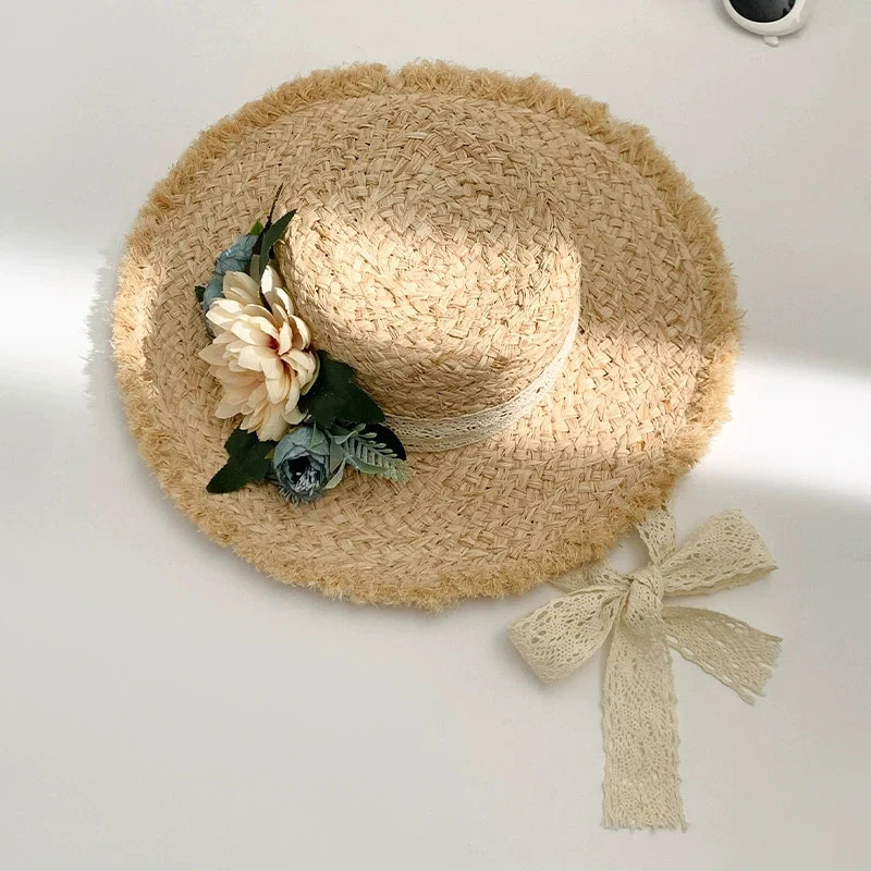 Flower rose decoration raffia straw hat for women summer large brim sun hat seaside atmosphere elegant wedding hat 250516