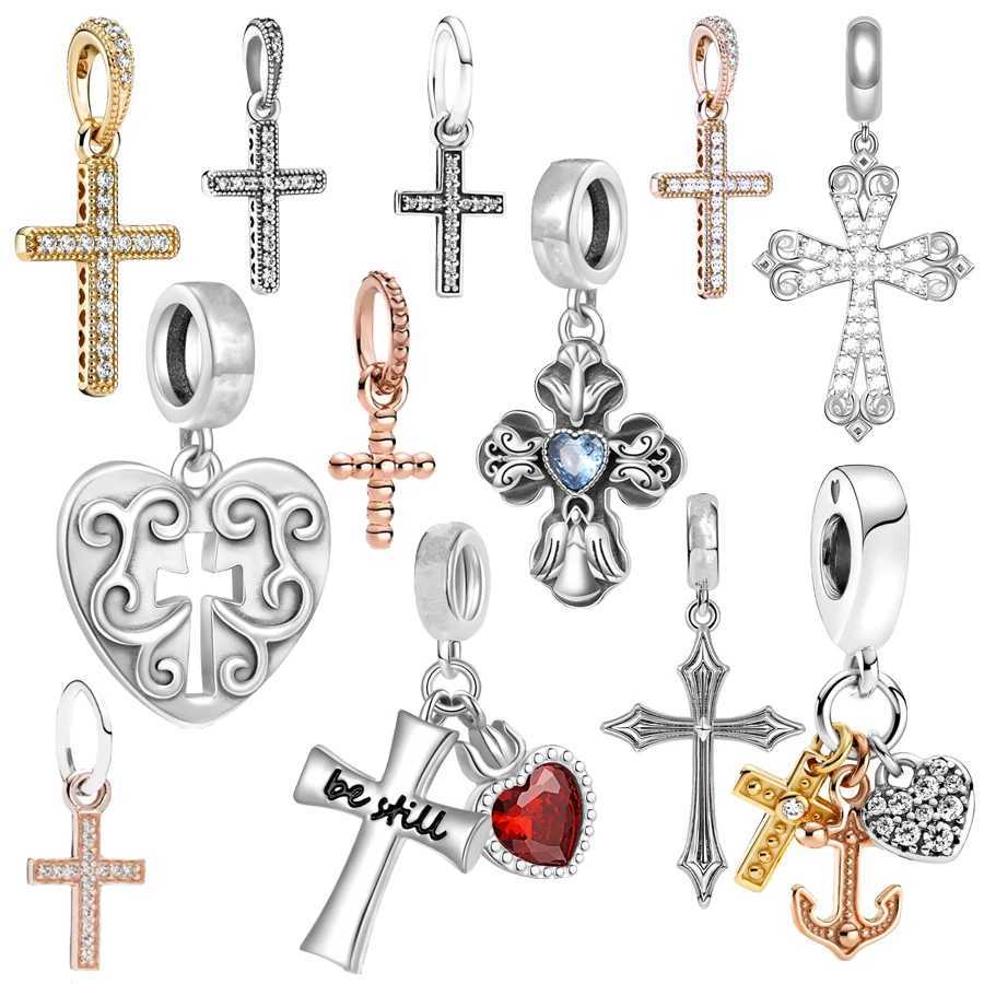 Hot Sparkling Cross Heart Double Dangle Charm Beads Fit Original 925 Sterling Silver Bracelet DIY Fashion Jewelry GiftXJ250517