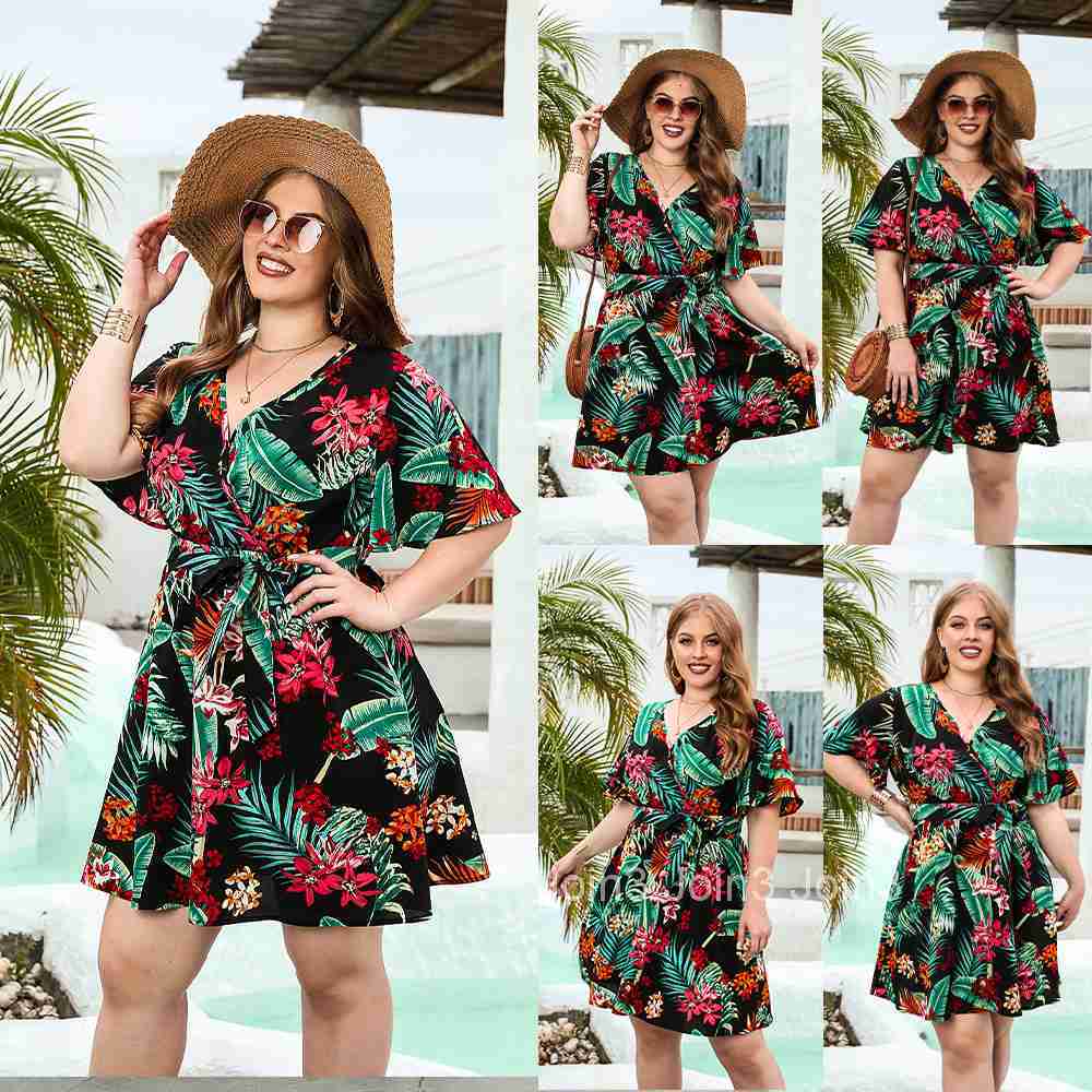 Flower Printed Casual Vacation Dress Bohemian Seaside Tourism V-neck Tie Up Dress for Women in Large Size
