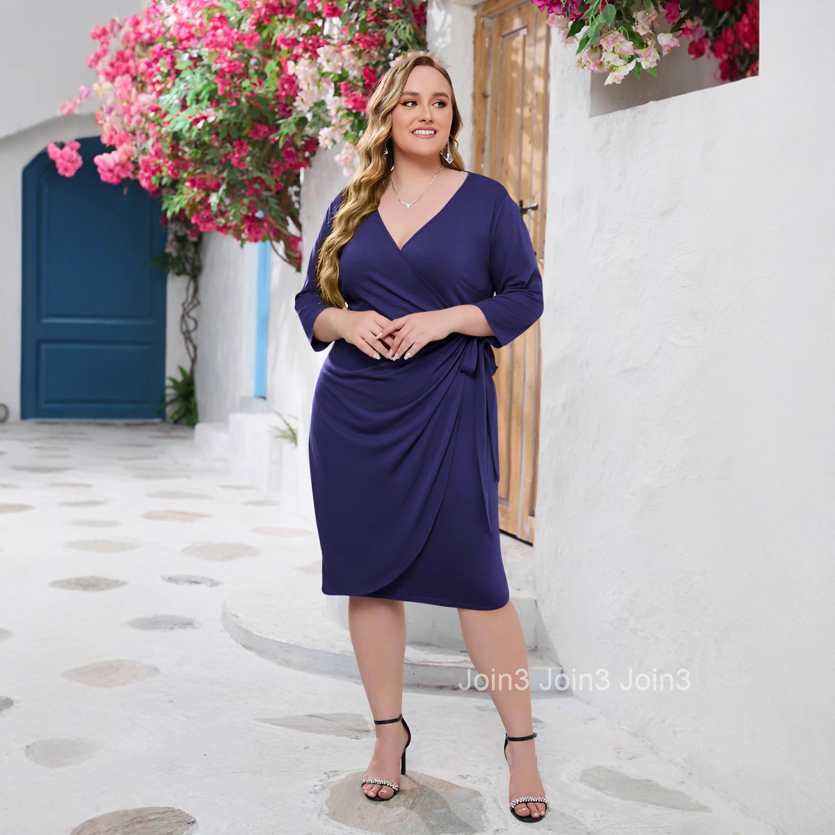 Large Womens Wear Large Solid Leisure Holiday Dress Strap Vacation V-neck Mid Length Dress