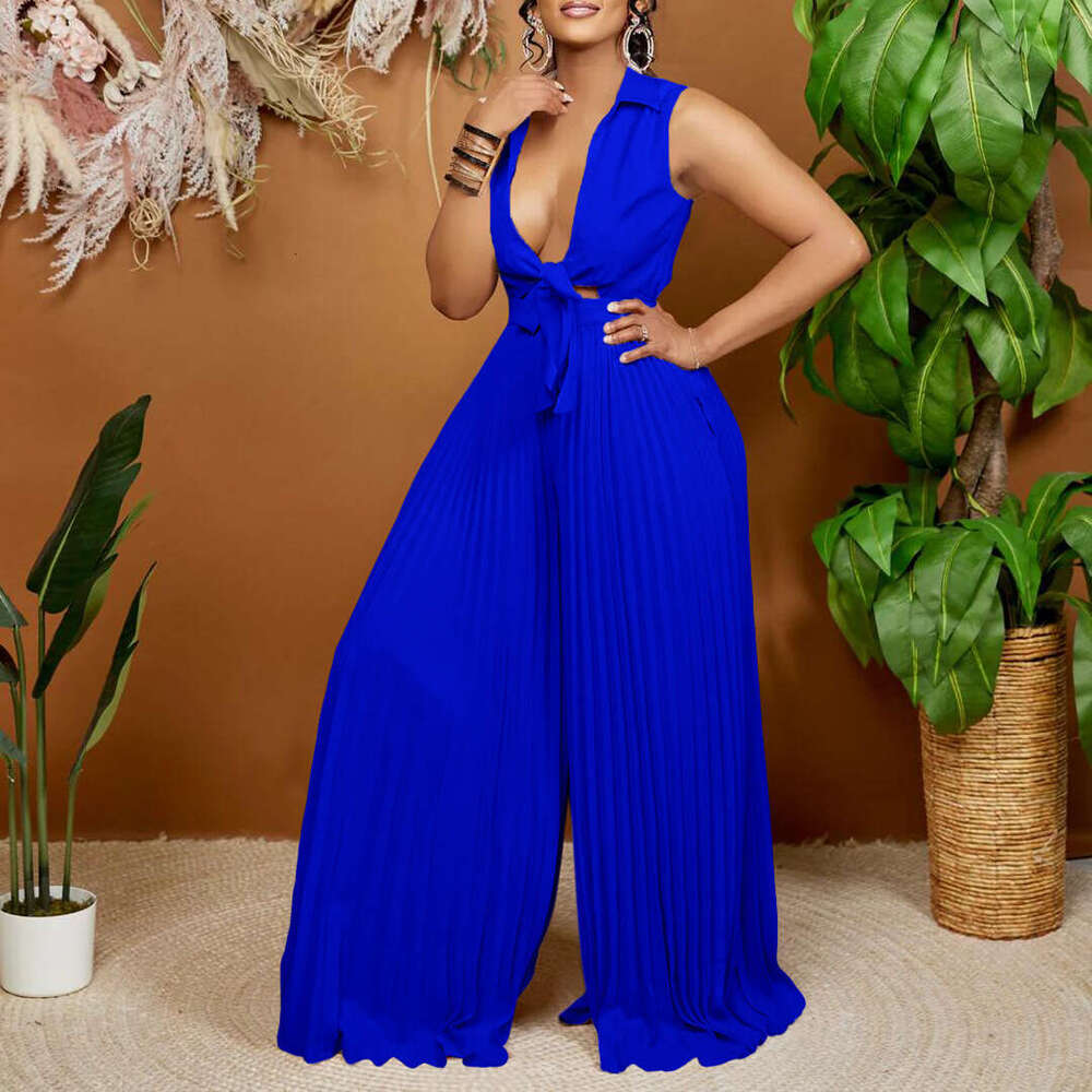Wide Leg Jumpsuit C Women S Summer New Fashion V Neck Long Sleeved Lapel Loose Pleated Wide Leg Jumpsuit