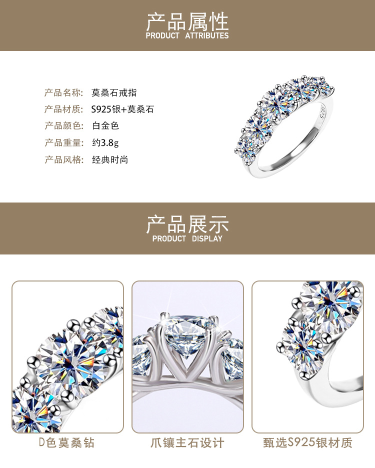 3.6CT Moissanite band Ring S925 sterling silver 5 artificial diamond Lucky God Ring, a unique and high-end, light luxury and fashionable band ring