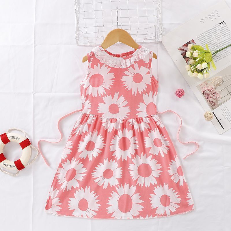 New Summer Outerwear Dress Cartoon Cotton Silk Sleeveless Girls Floral Skirt Thin Summer Loose Princess Dreamland 220422