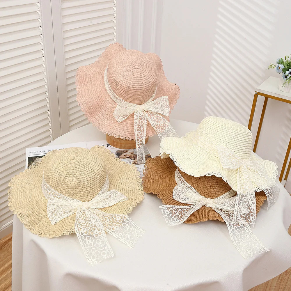 2025 Womens Wide Brim Straw Hat Lace Butterfly Knot Sunscreen Beach Holiday Style Summer Vacation Cap for Ladies 250516