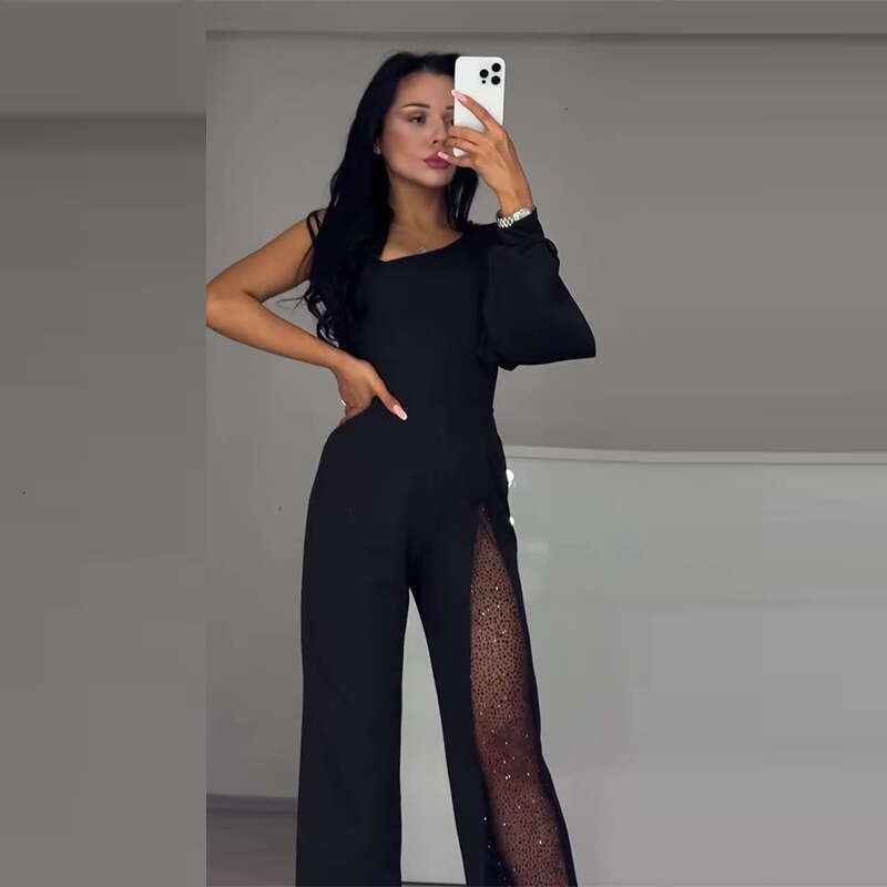 Wide Leg Jumpsuit Autumn New Women S Slant Neck Design With Perspective Mesh Splicing Jumpsuit