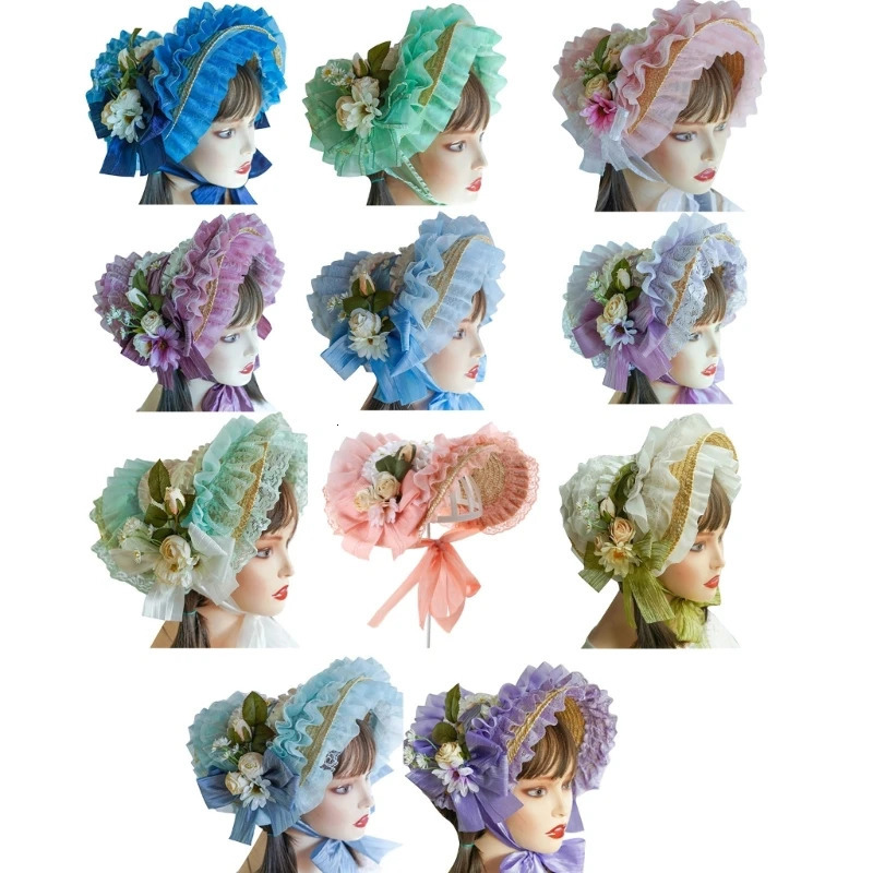 Handmade SunHat Lace Decorated Courtly Style Tea Party for Lolita Women Court Miss Straw Hat SunHat with Ribbon 250516