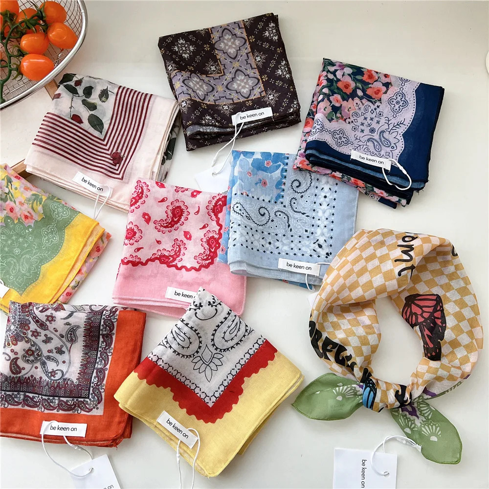 55cm Girls Cotton Linen Ladies Square Scarf for Women Korean Chic Headband Fashion Decorative Hairband Floral Scarf Accessorries 250516