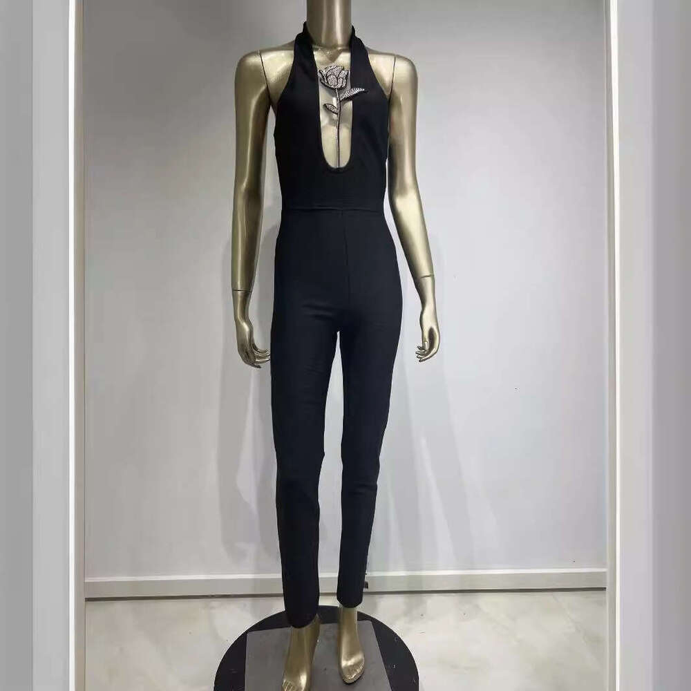 Wide Leg Jumpsuit New Bandage Fashionable Neck Hanging Deep V Dia Rose Tight Jumpsuit Party Dress