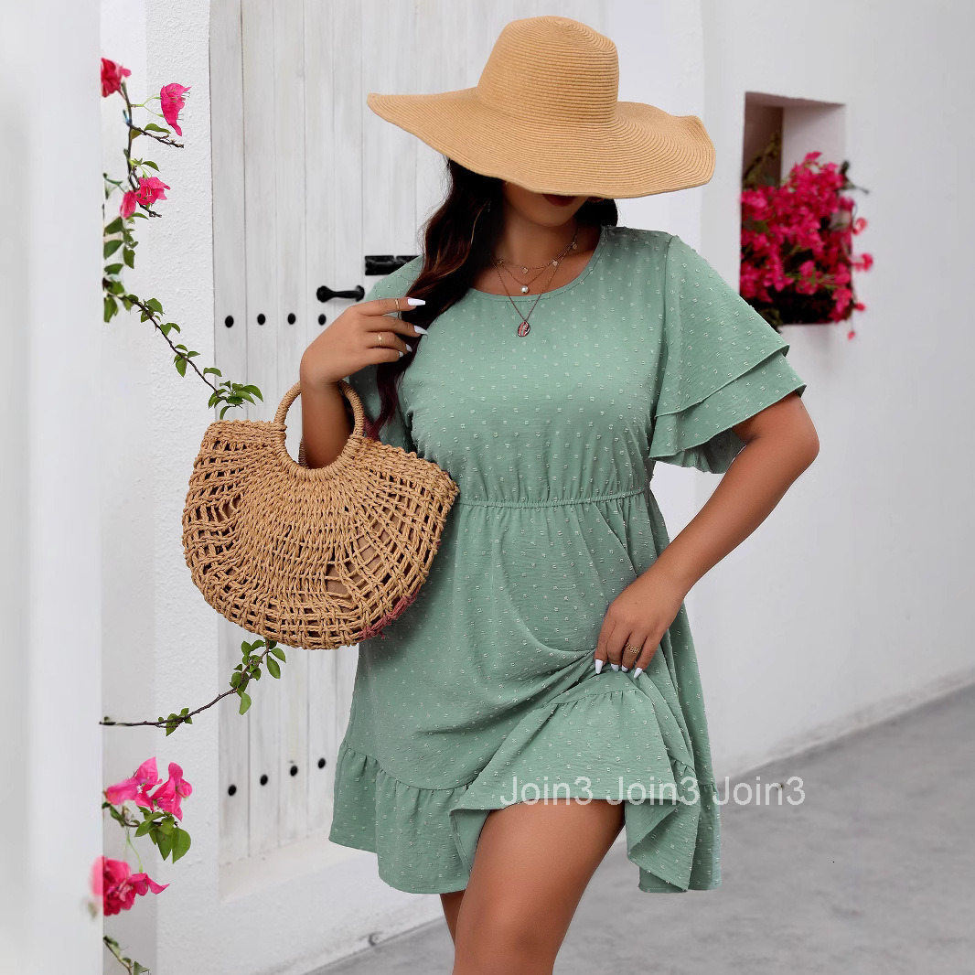 Large Casual Small Ball Round Neck Double Layered Lotus Leaf Sleeve Dress