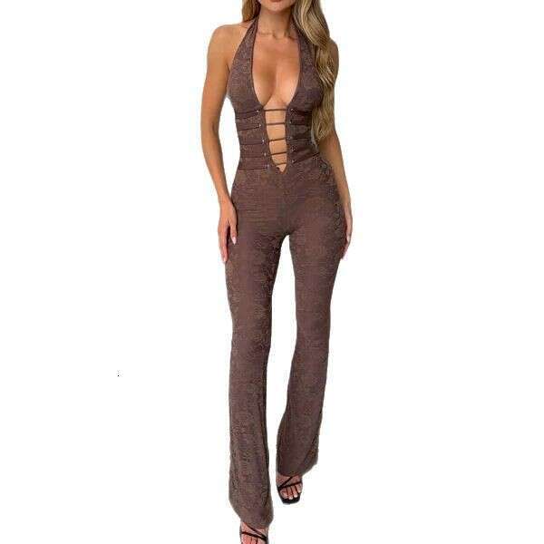 Wide Leg Jumpsuit Vacation Style Jumpsuit Sexy Lace Pants Deep V Strap Tie Up Neck Hanging Women S Clothing