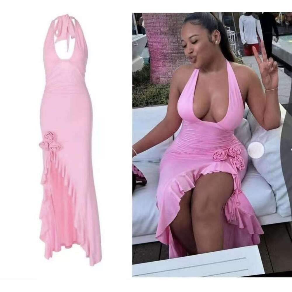 Wide Leg Jumpsuit Women S New Floral Decoration Sexy Solid Color Slim Fit High Waist Hanging Neck Strap Backless Dress For Women