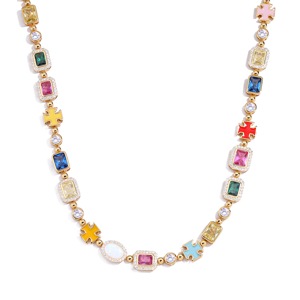 10mm new hip-hop colored gems jewelry design advanced sense gem enamel cross chain 18K gold-plated jewelry big gem necklace unisex free distribution.
