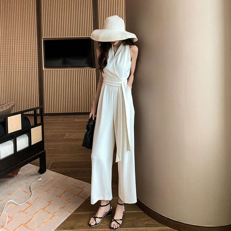 Wide Leg Jumpsuit Hanging Neck Women S Summer New White Suit Wide Leg Pants Deep V Neck Western Style Slim Fit Jumpsuit Trend