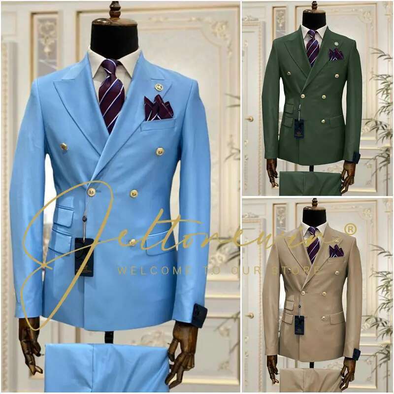 Slim Fit Male Suits 2 Pieces Peak Lapel Double Breasted Wedding Tuxedos Groom Business Wear Best Man (Blazer+Vest) Costume Homme Designer