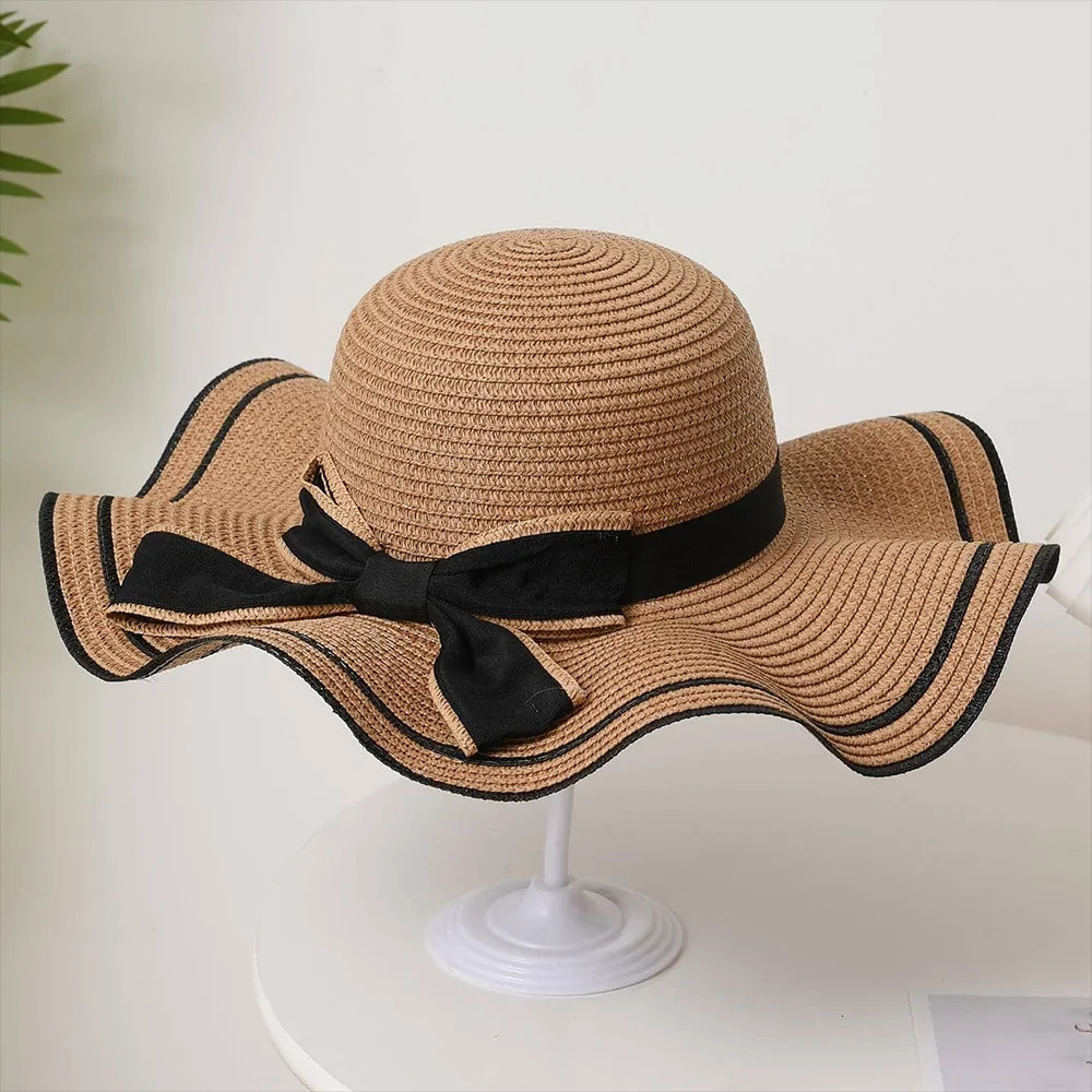 Summer Bow Lace Edge Straw Hat for Womens Outdoor Vacation Fashion and Sunscreen Beach Hat Foldable 250516