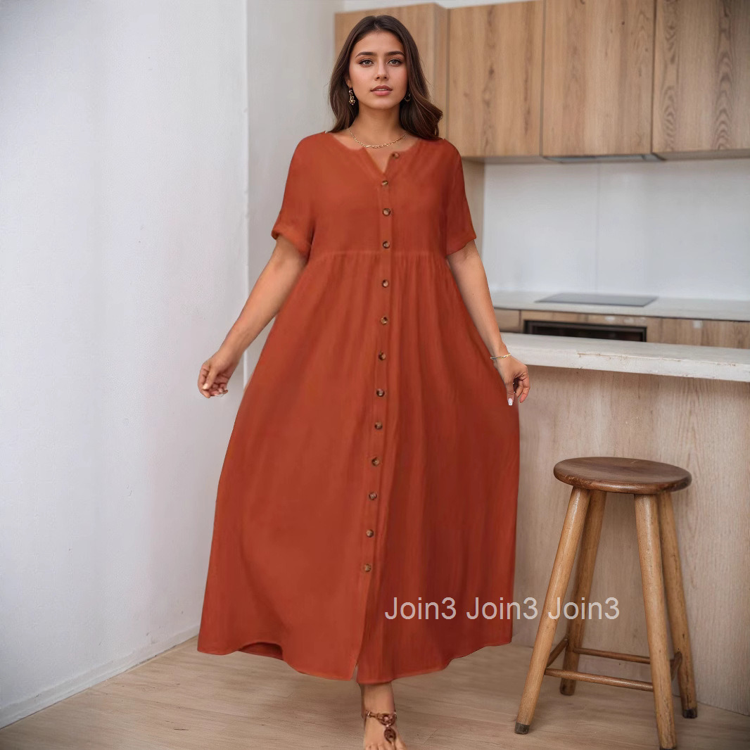 Large Size Elegant Spring and Summer New Item Solid Color Loose High Waisted Cotton and Linen Dress