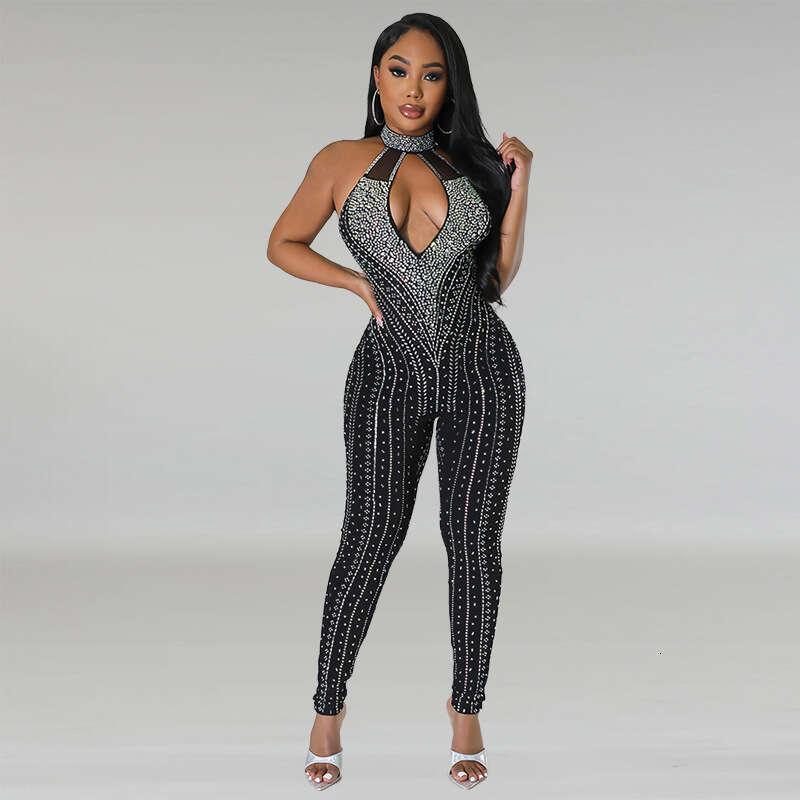 Wide Leg Jumpsuit Women S Sexy Tight Fitting Summer New Hollow Out Hot Stamping Sleeveless Jumpsuit