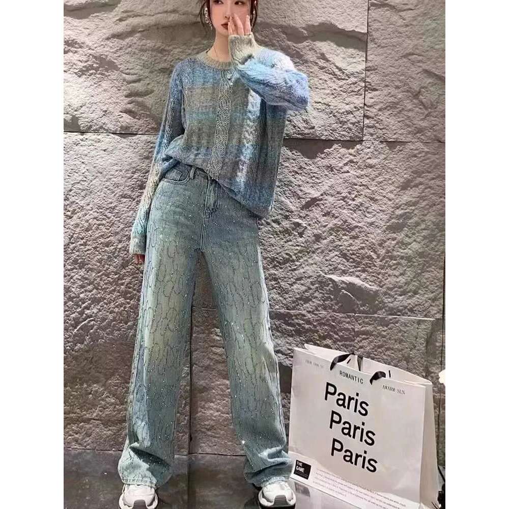 Jeans for Women Shiny High Waist Loose Wide Leg Denim Blue Rhinestone Mopping Pants Streetwear Fashion Trousers