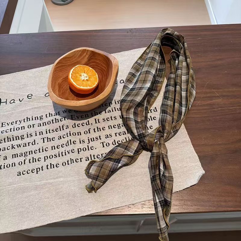 T735 Spring and Autumn Retro Art Plaid Small Scarf Maillard Cotton Japanese Scarf Versatile Neck Scarf
