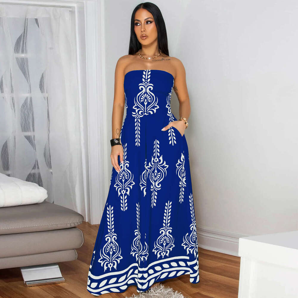 Wide Leg Jumpsuit Women S Clothing Positioning Printed Waist Cinched Skirt Pants Chest Wrapped Jumpsuit New