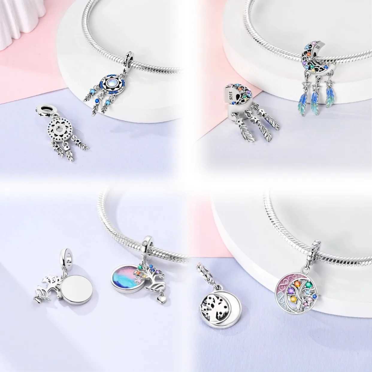 Star Moon Sun Charm 925 Silver Original Tree Of Life Blue Zircon Dreamcatcher Charms Fit Bracelet DIY Jewelry Wedding GiftXJ250517