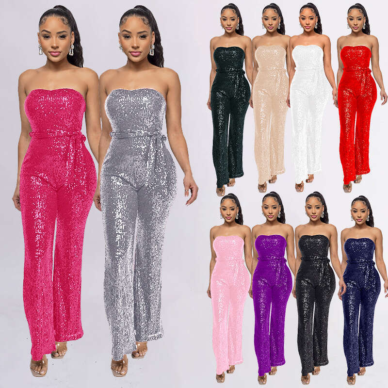 Wide Leg Jumpsuit INS Style Sleeveless Sequined Waistband Solid Color Women S Strapless And Backless Jumpsuit
