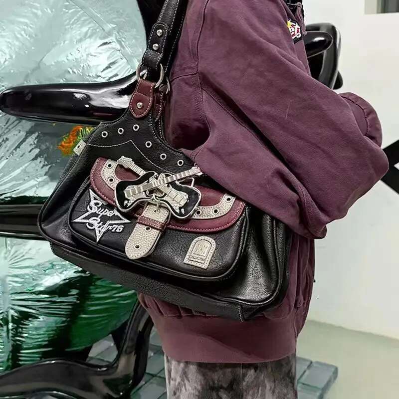 Gothic Punk Y2k One Shoulder Tote Haruku Aesthetic Leather Patchwork Casual Handbag Female Vintage Black Bags