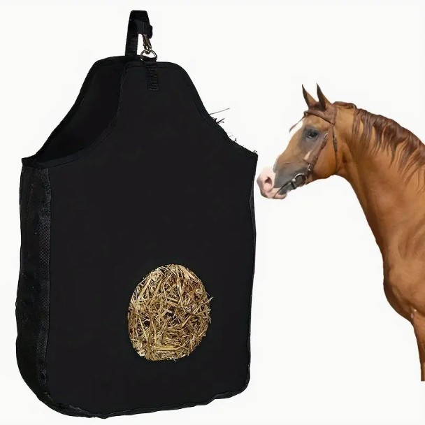 Slow Feed Hay Net Hay Feeder Hay Bags for Horses Goat Stall Trailer Horse Feeding Supplies Adjustable Travel Feeder Large Capacity Feeding Bag (Black)