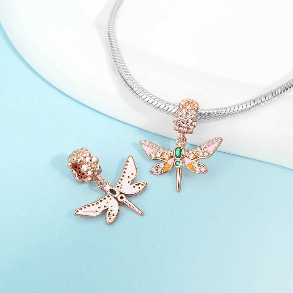 Sparkling Rose Gold 925 Sterling Silver Pave Round Beads Dragonfly Charm Fit Original Bracelet Pendant for Girls Jewelry GiftXJ250517