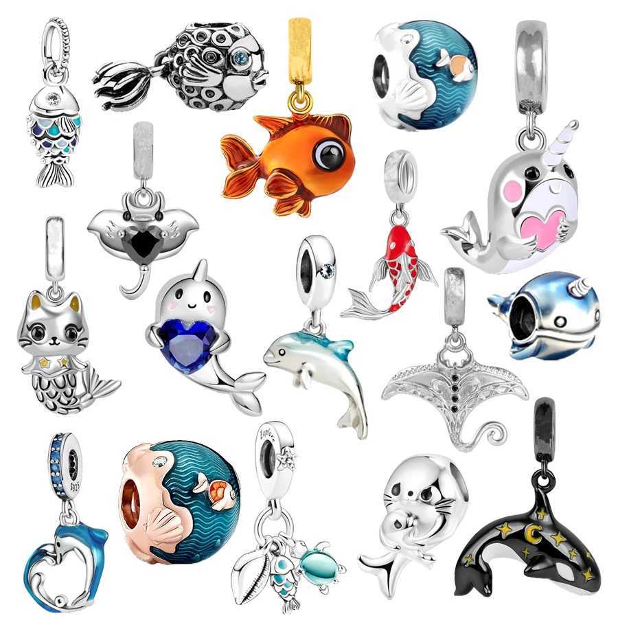 Good Fortune Carp Fish Whale Goldfish Dolphin Charm Beads Fit Original 925 Sterling Silver Bracelet Fashion Jewelry GiftXJ250517