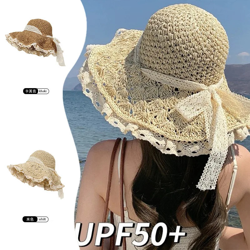 Handmade Womens Summer Hollow Straw Hat - Lace Strap Panama Bucket Hat Foldable UV Protection Suitable for Beach and Travel 250516
