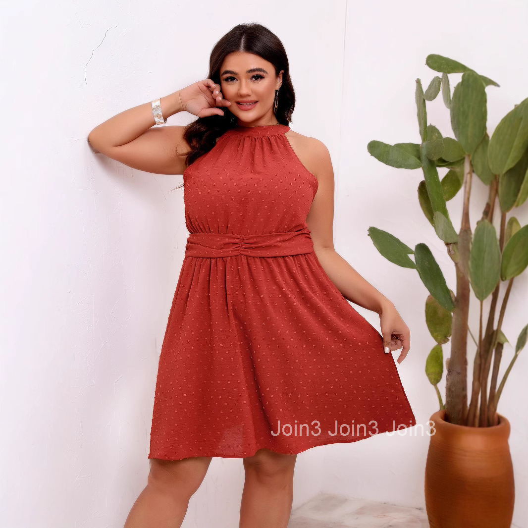 2025 Summer New Womens Large Half High Neck Hanging Neck and Waist Jacquard Solid Color Jumpsuit