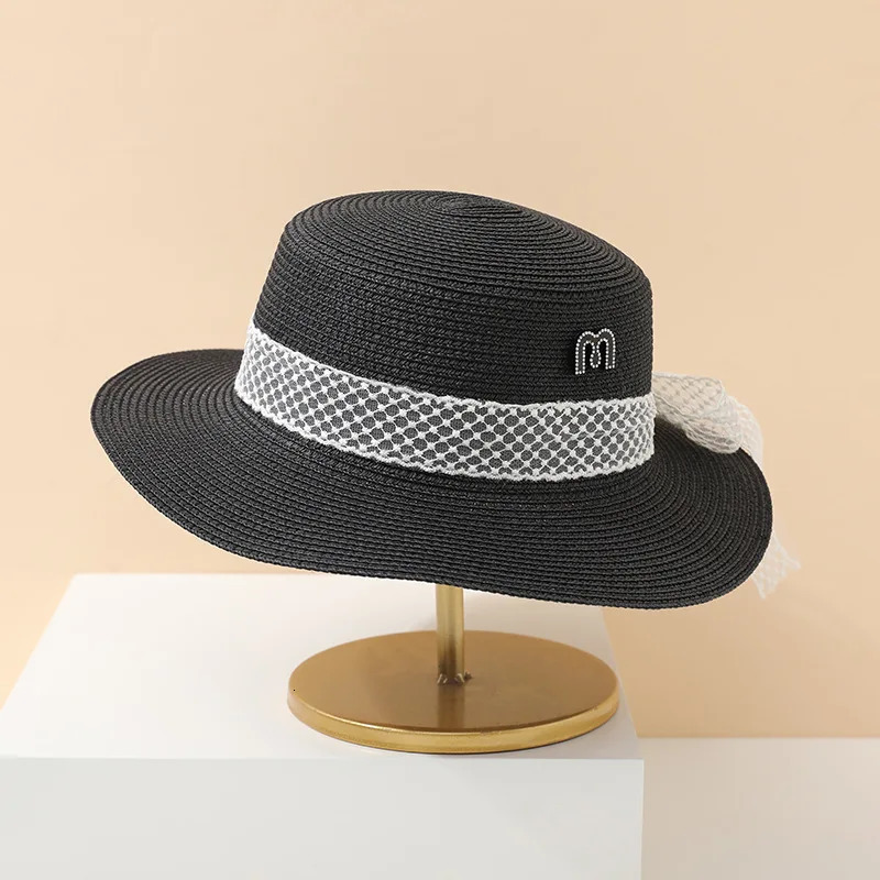 Womens Summer Pearl Embellished Black Straw Hat Spring Casual Fashion Plaid Visor with Strap Sun Protection Elegant Hat 250516